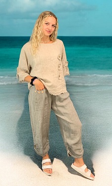 Linen 3-Button Detail Fringe Hem Top  with Linen 3-Button Pocket Detail Pants