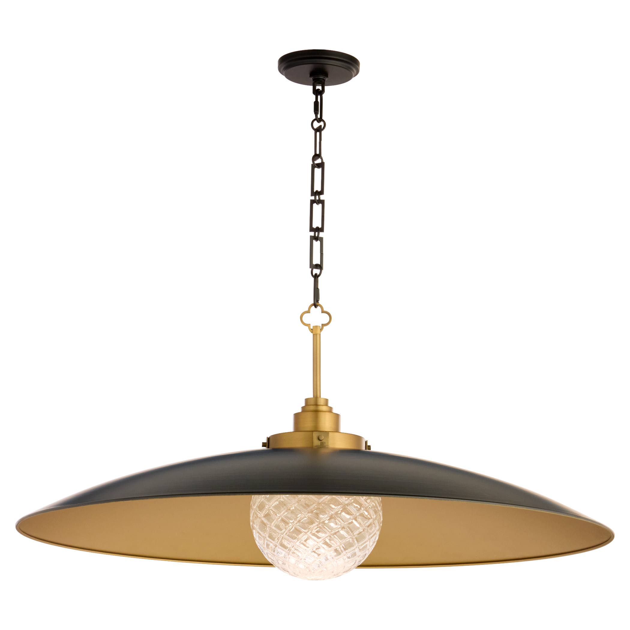 Genevieve channels European antique charm with LED illumination. A wide hood and cut glass diffuser create a striking focal point, enhanced by bold contrasting finishes.