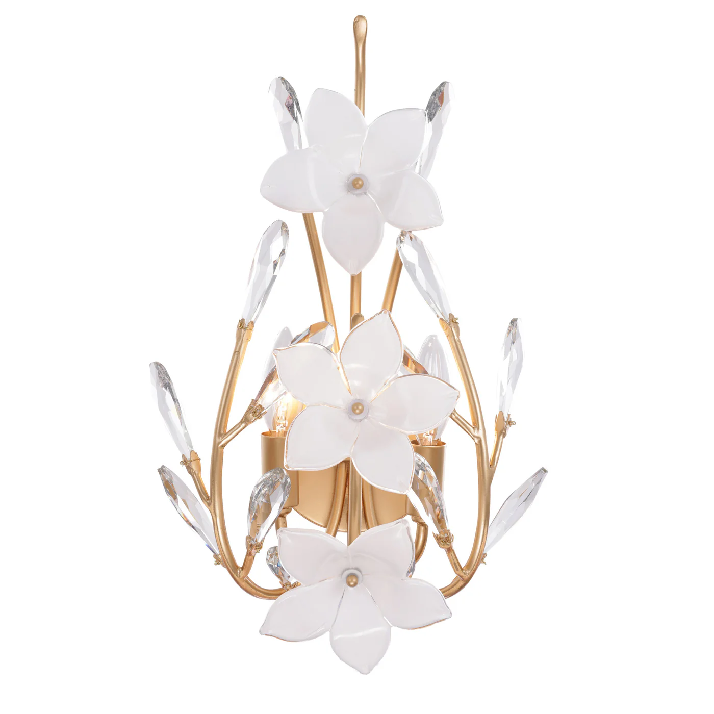 Sculptural petal-layered wall sconce in French Gold with crystal and glass accents and a soft ambient glow. Hand-forged from 70% recycled steel with low-VOC eco-friendly finishes.