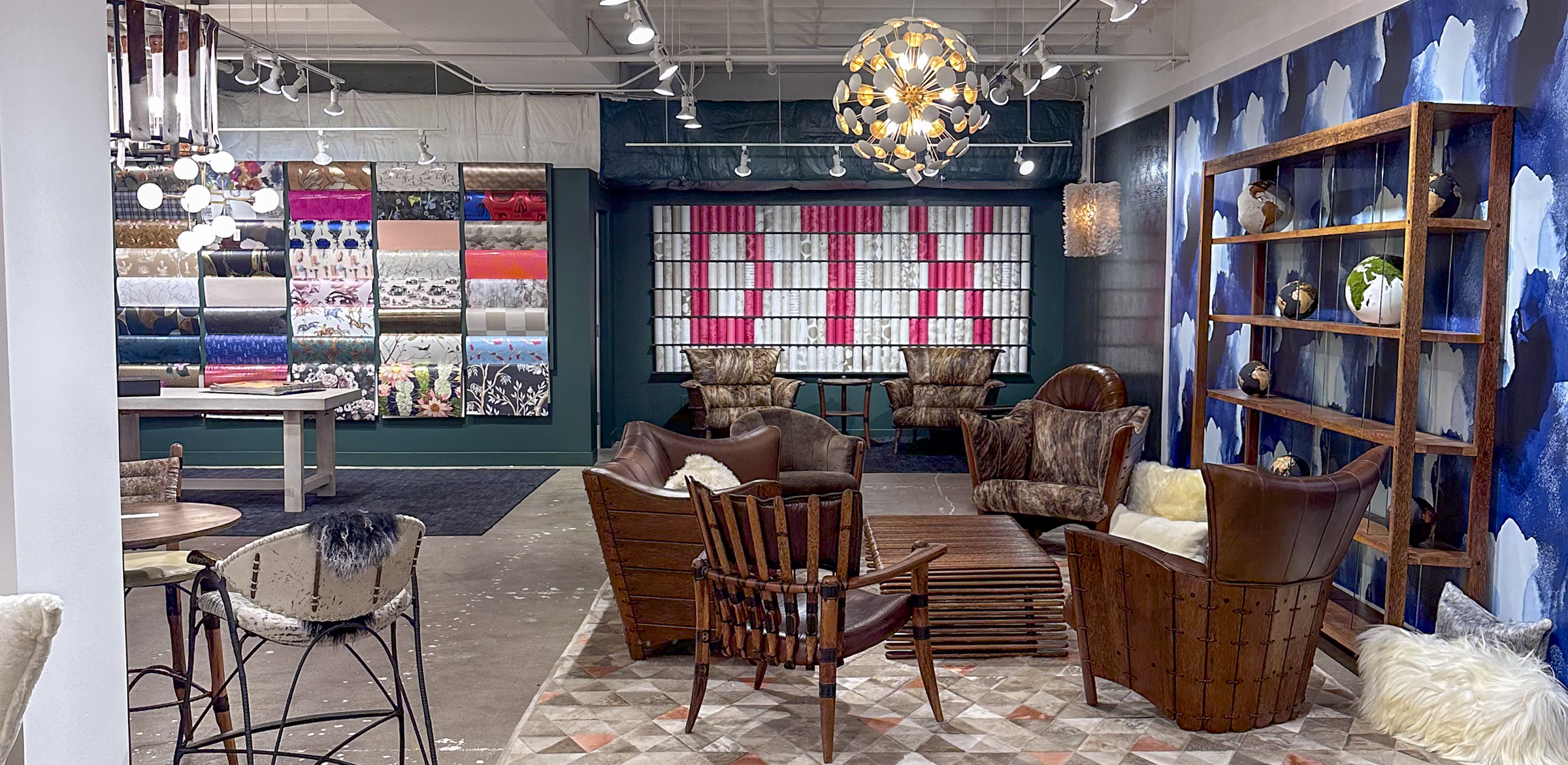 Navajos in front of our DTX wallpaper pattern wall