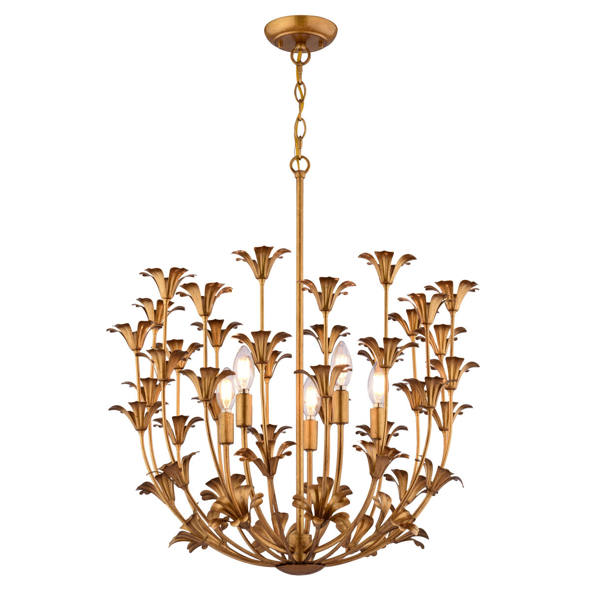 This stunning ceiling light fixture features a trending floral design in a luxurious gilded gold finish, creating a focal point that's both eye-catching and sophisticated.