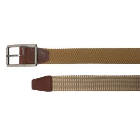 Nylon Woven Reversible Stretch Belt in Camel with Full Grain Leather Tip and Tab.  Reverses to Tan/Ivory Woven.