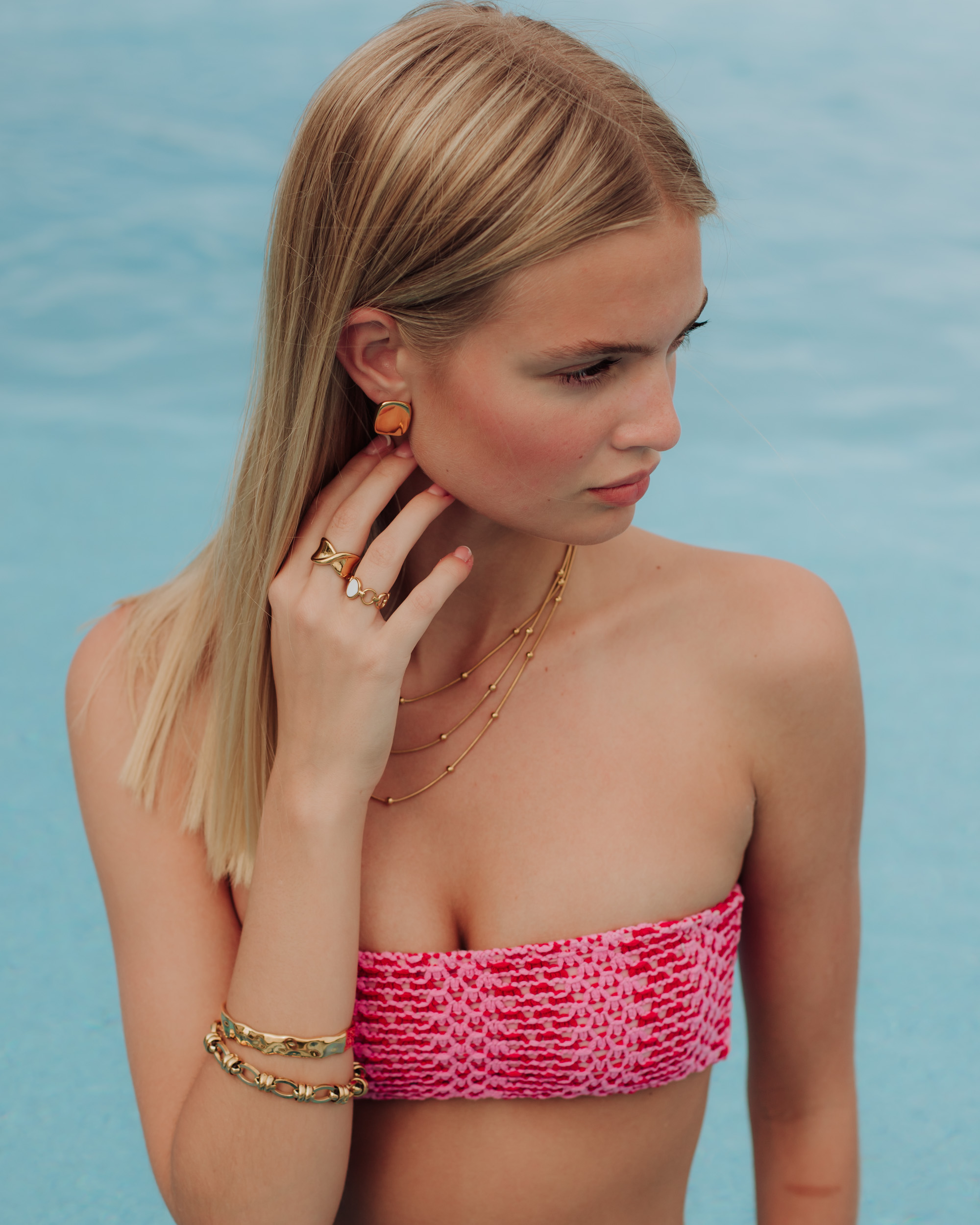 Swim, sweat and shower in your jewelry without the worry. Panache Apparel's Luxe Jewelry is stainless steel, 18k gold plated, tarnish resistant, waterproof and hypoallergenic! 