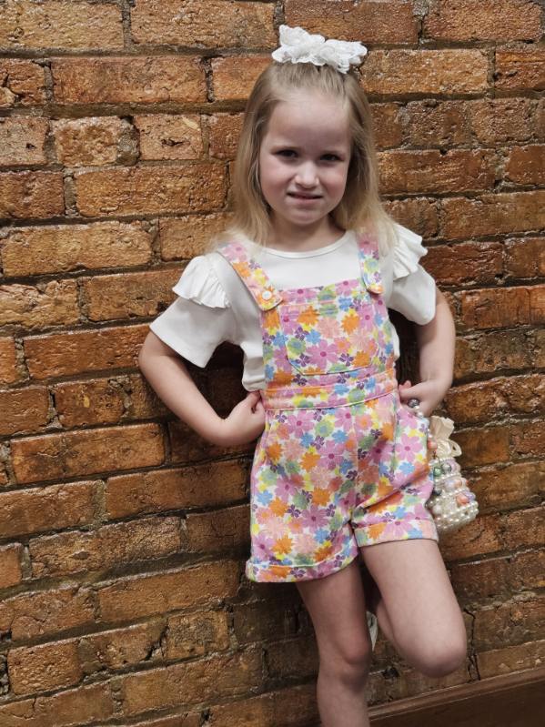 Floral Print Denim Romper and White Ribbed Ruffle Sleeve Top