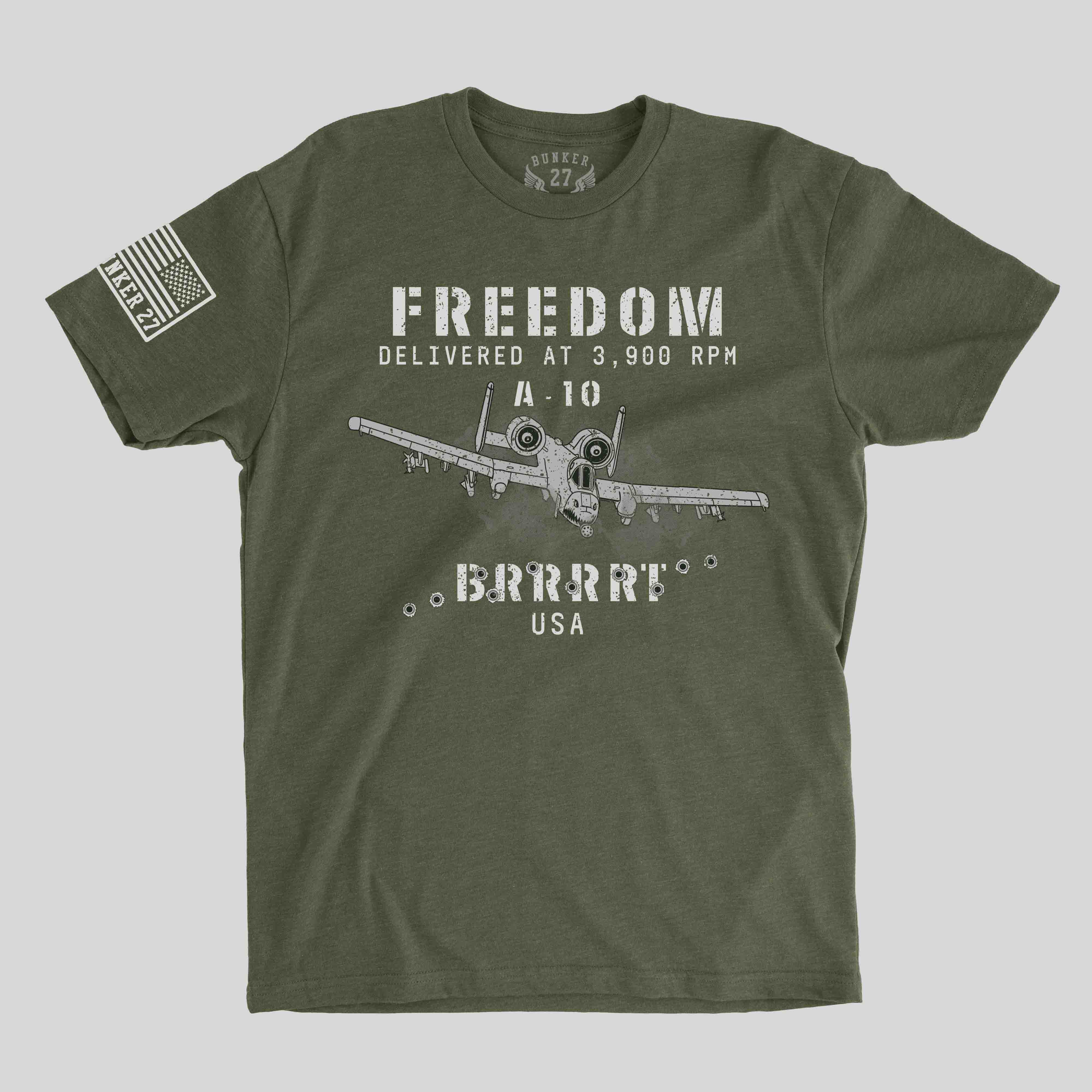 Military-inspired graphic tee featuring the iconic A-10 aircraft. Consistent top performer with strong appeal among aviation, Americana, and military-support customers.