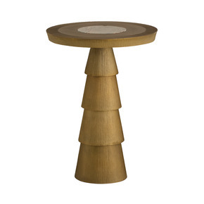 Art Deco architecture influenced the lines and structure of this stylish end table. A telescoping form of antique brass cast aluminum is accented with a circular inset of natural jungle marble inlay.