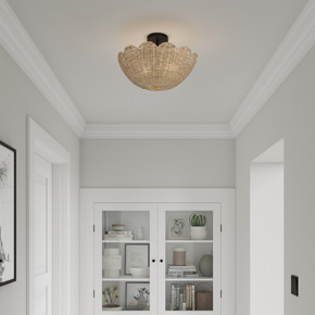 Scalloped edges and natural rattan are the hallmark of the whimsical Maura Collection of pendant and flush mount lighting.