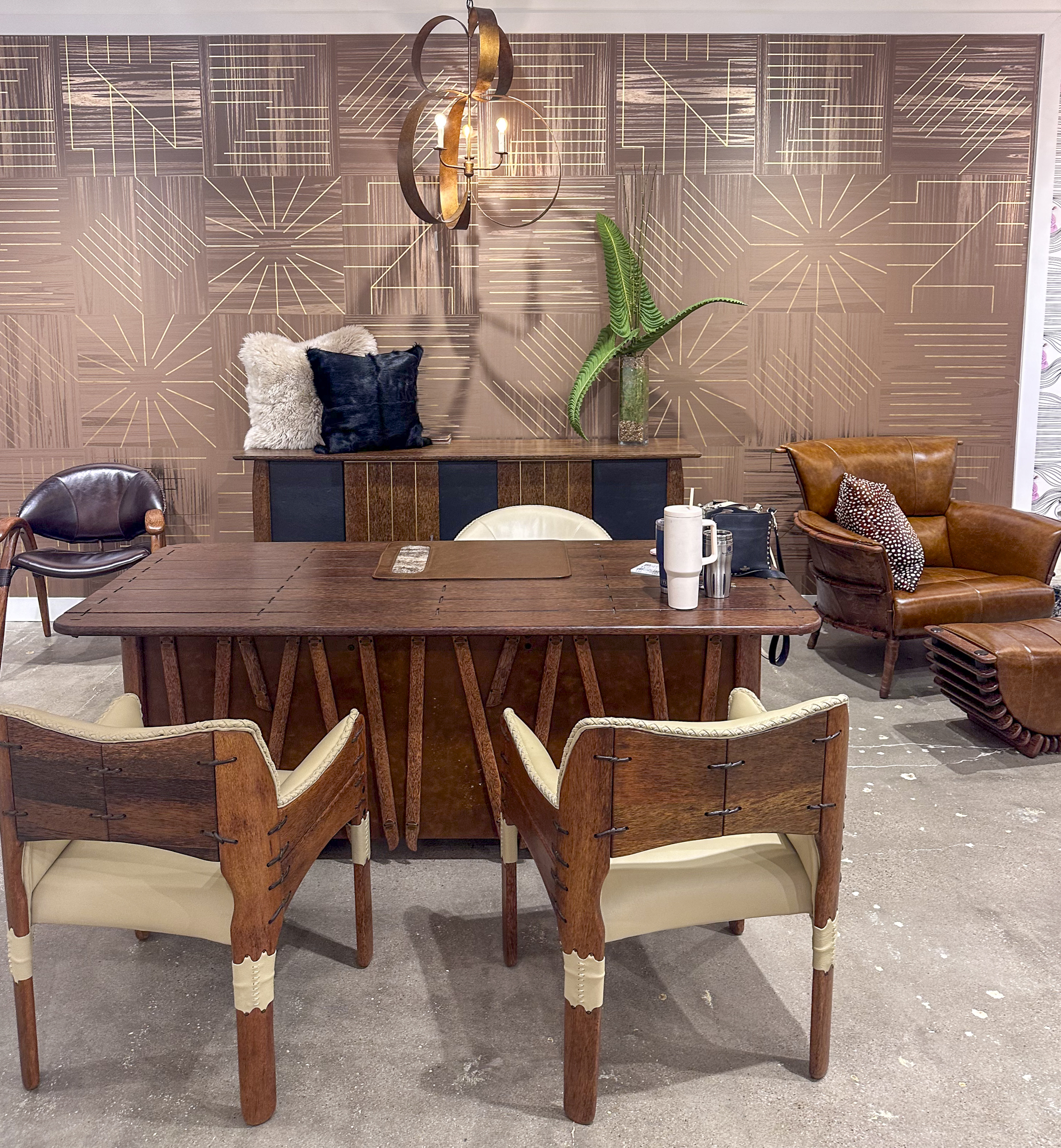 Desk for the home or office with custom chars, wallpaper, pillows and lighting
