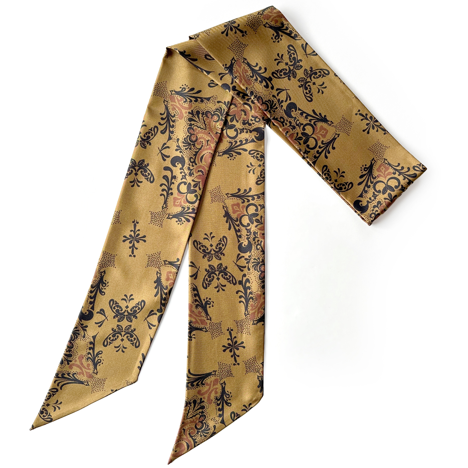 Long skinny silk twill ribbon scarf in Old Gold