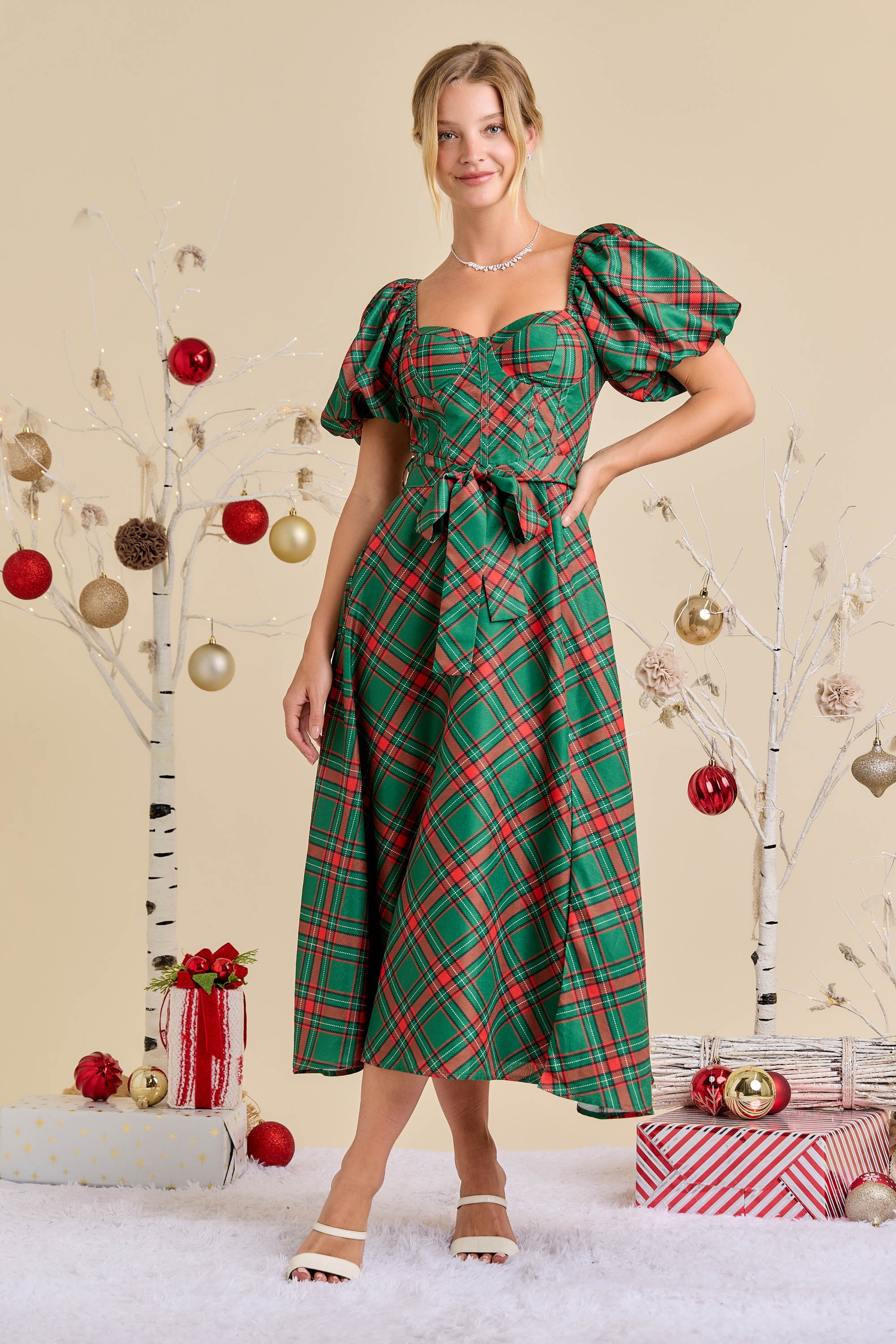 Holiday Plaid Bubble Sleeve Midi Dress with Center Thigh Slit