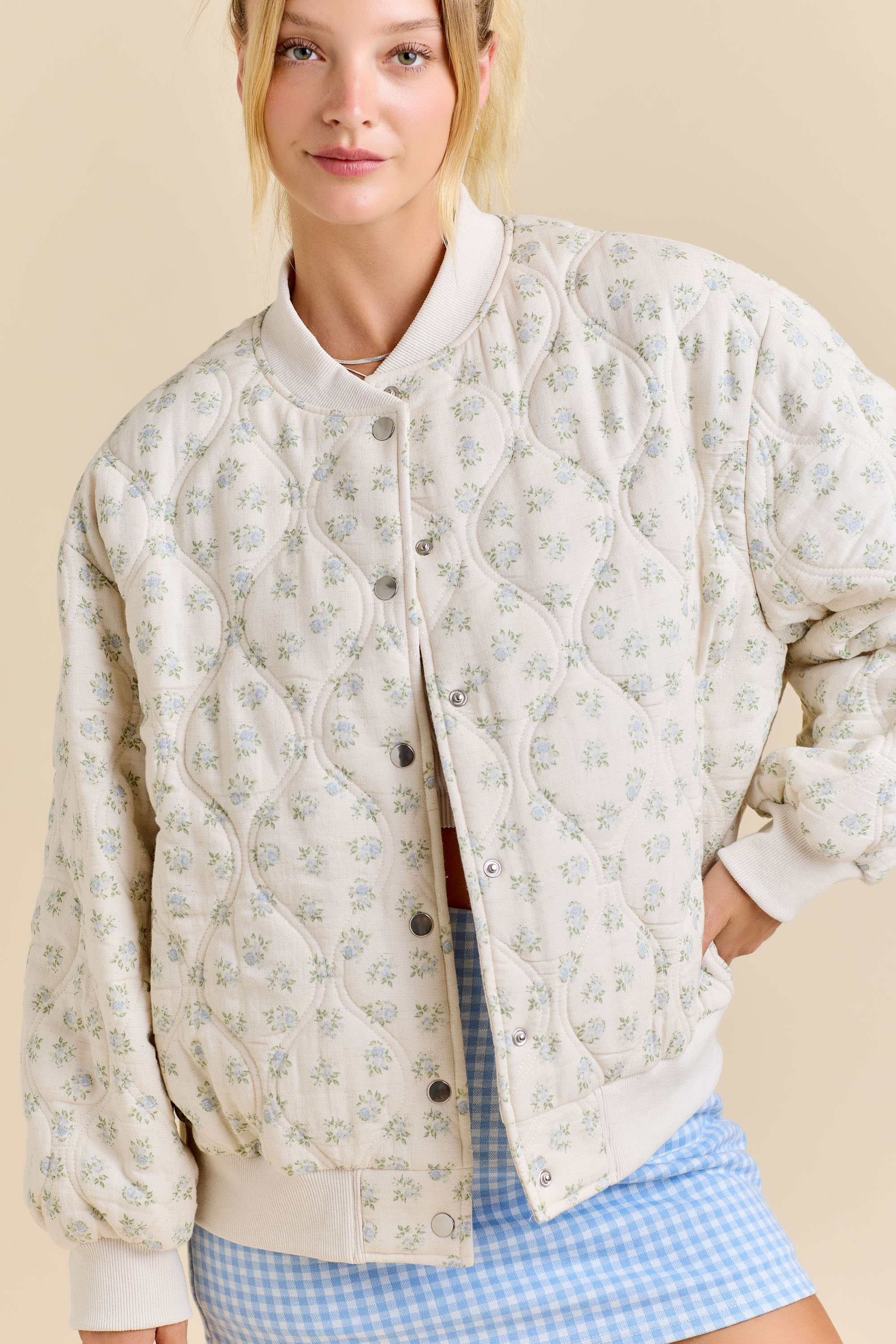 Oversized Quilted Floral Print Bomber Jacket