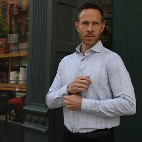 Our Sky Cestino Shirt is part of our Woven Collection. This high quality fabric interweaves both white and sky blue yarn to get this unique effect and texture on these style shirts.