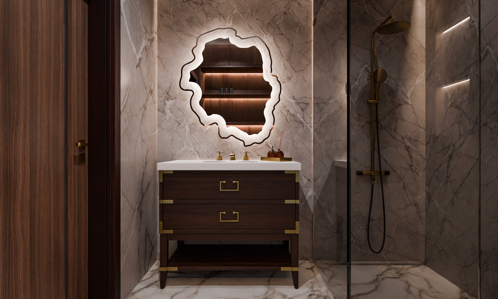 Bring bold elegance to any space with the Isola™ lighted mirror—a freeform design inspired by the beauty of natural islands and flowing coastlines.