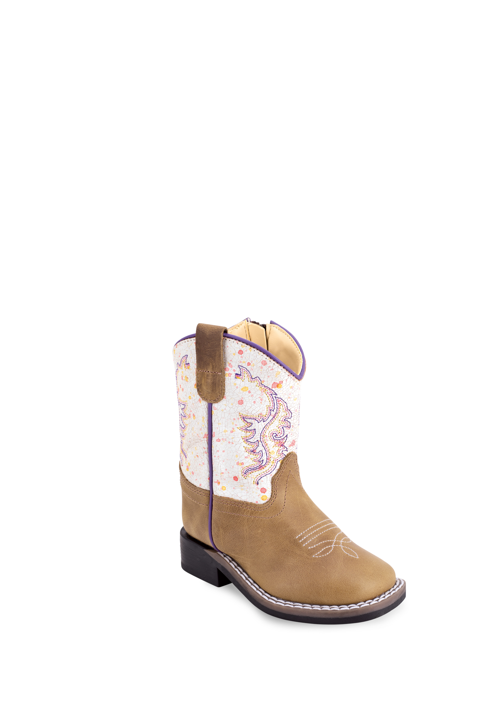 All over leather foot & shaft, 3 – row fancy stitch with medallion, natural welt, white double row welt stitch with side zipper, broad square toe and TPR outsole. (Toddler's)