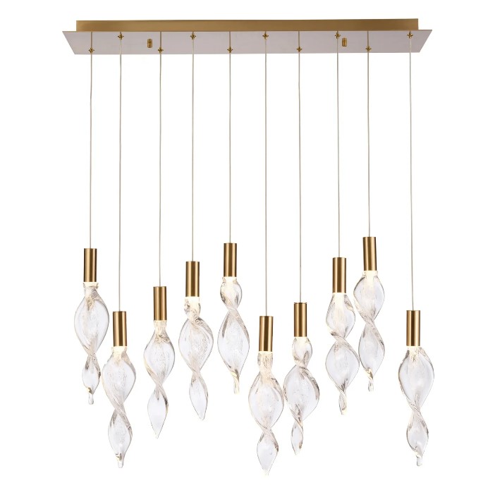 The Aurora pendant has a unique clear corkscrew glass which allows light from a hidden LED to reflect off of the twisted edges and surface. The Satin Brass adds a rich tone to the metalwork.