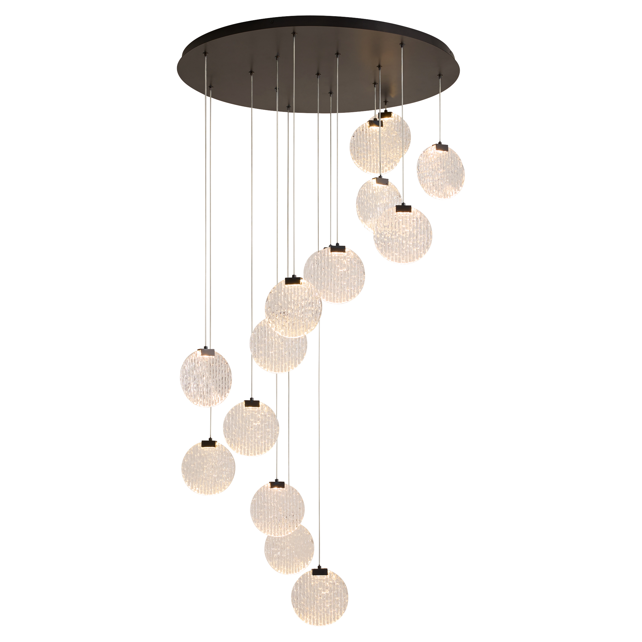 Axiom features 15 textured ice acrylic diffusers cascading from a round canopy, creating layered depth and soft light. Available in multiple finishes for versatile interiors.