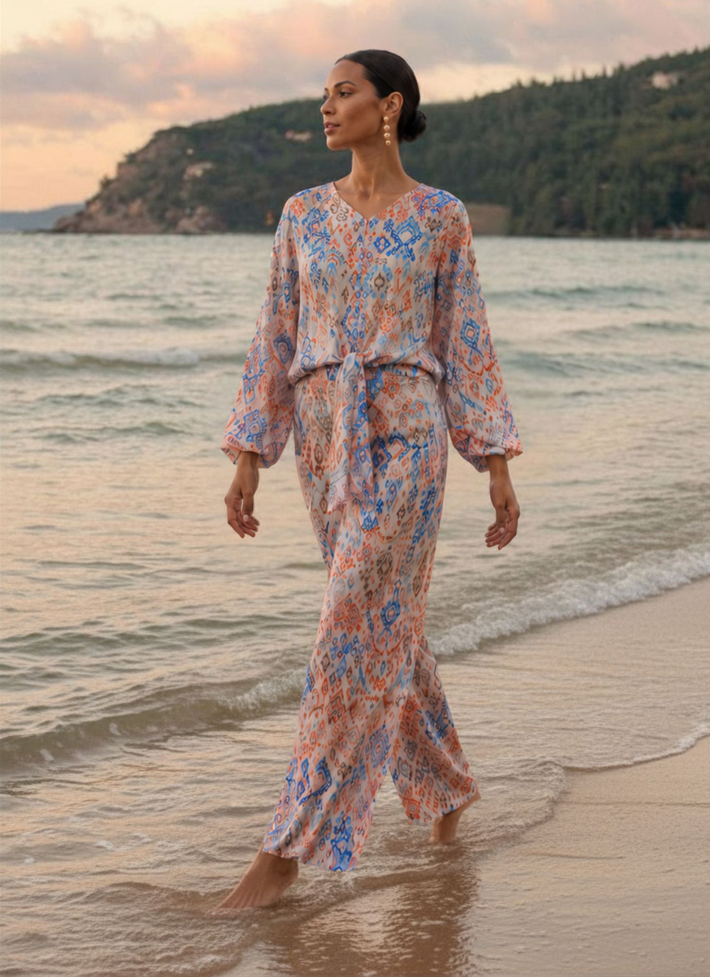 Soft, flowing fabric and an eye-catching print come together in this effortlessly elegant set, perfect for vacations, brunches, and warm-weather occasions.