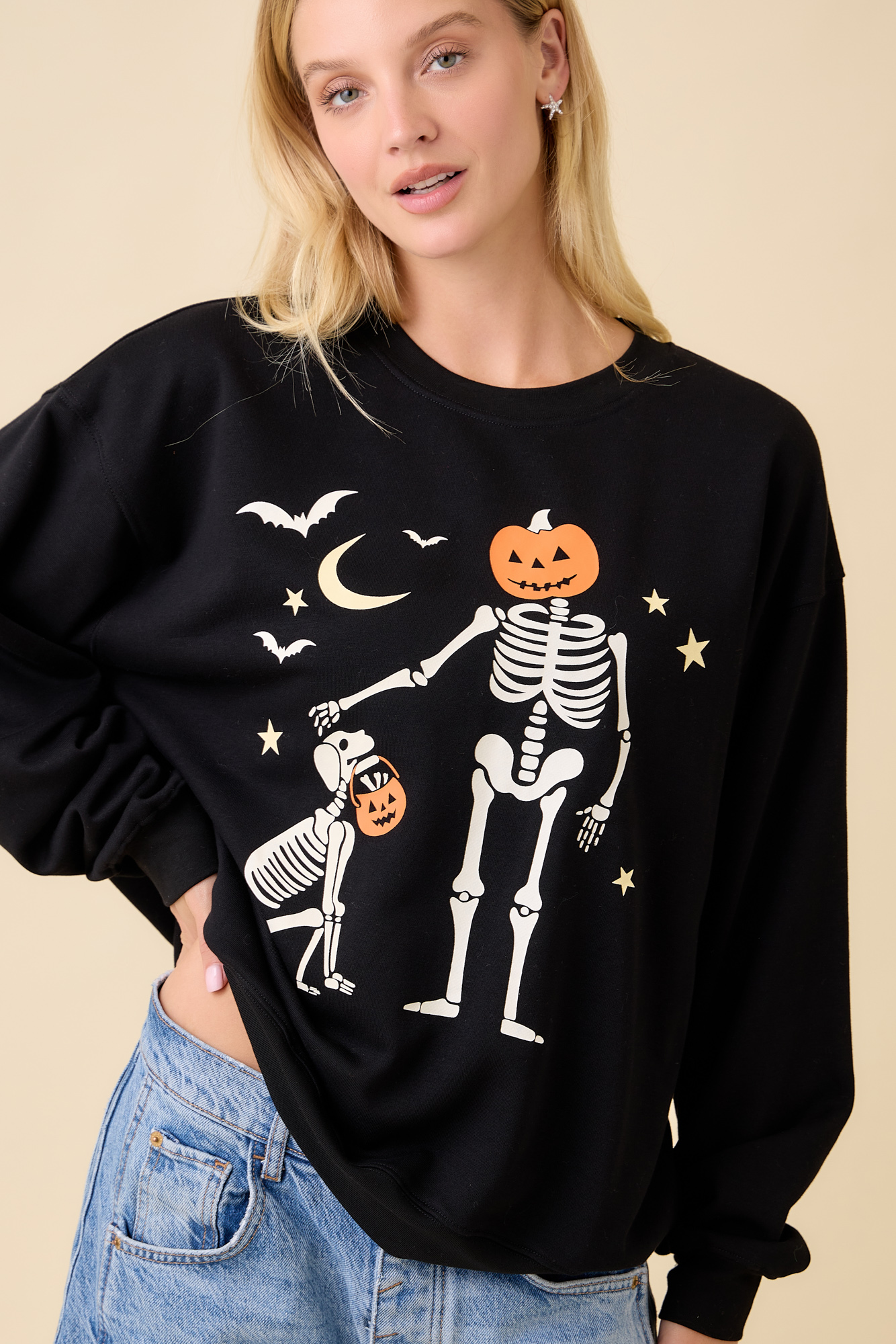 Halloween Pumpkin Skeleton Printed Graphic Crewneck