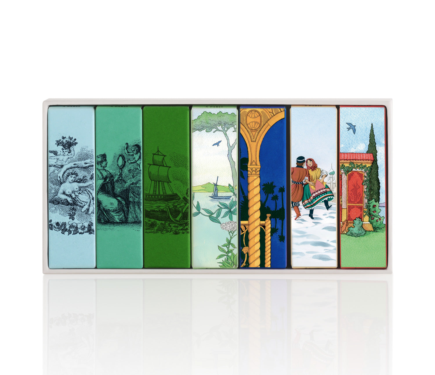 The L.T. Piver "Olfactive Library" Perfume Discovery Set contains a collection of seven 2ml glass spray perfume sample vials, individually boxed in a master hard-sided box perfect for storage or reuse