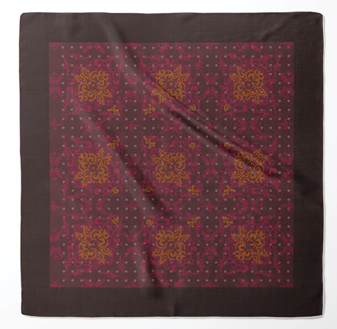 36" silk tail scarf with hand rolled edges in aubergine.