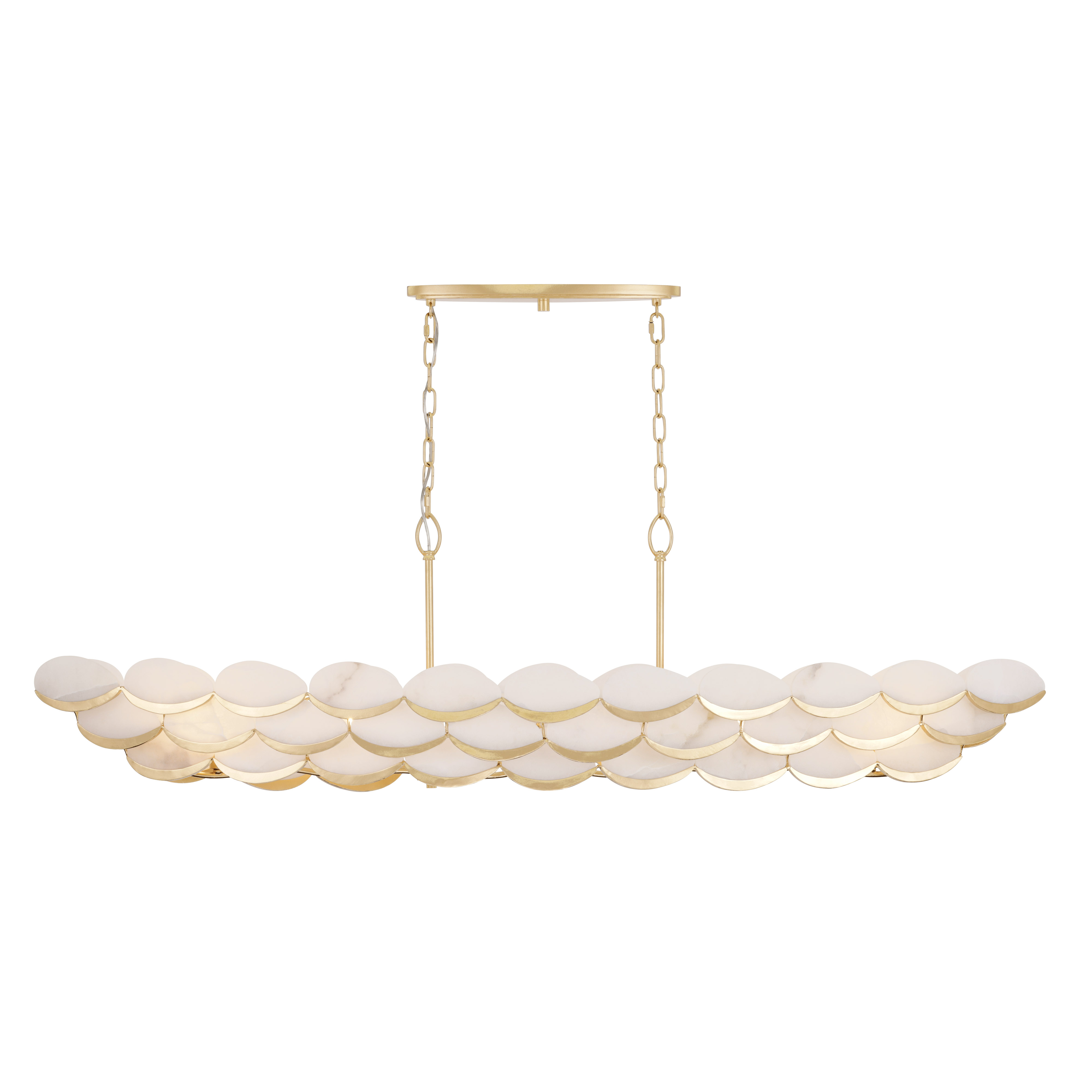 The High Tide 6-Light Linear Pendant features sculptural alabaster waves and a hand-painted French Gold finish for an elevated coastal look. Hand-forged from 70% recycled steel.