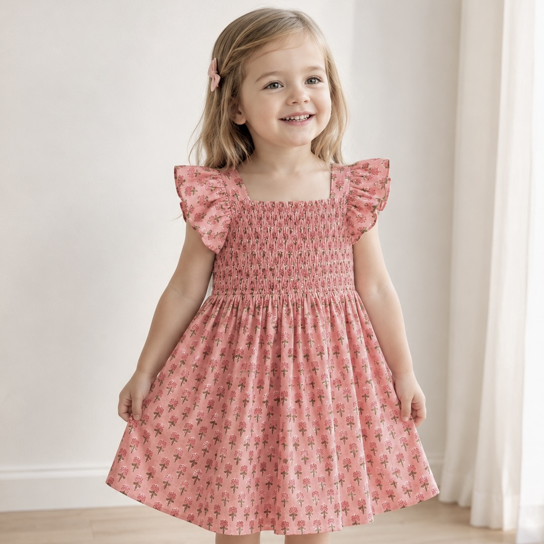 This girls’ floral smocked flutter-sleeve dress combines heirloom-inspired vintage details with everyday comfort.  it features a classic floral print and intricate scalloped lace trim..