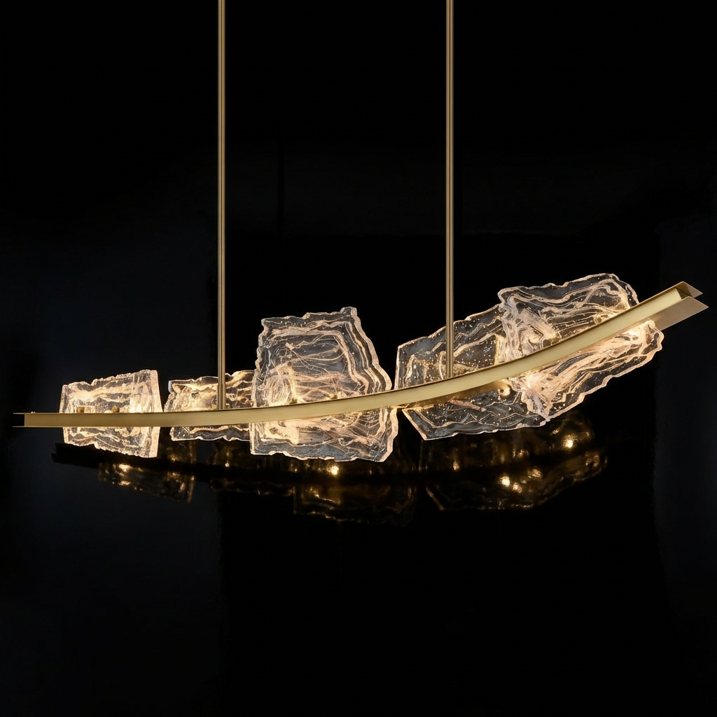 Designed for both beauty and grace, the Arcus Integrated LED 50in Brass Chandelier with Handcrafted Glass features five panels of handcrafted glass.