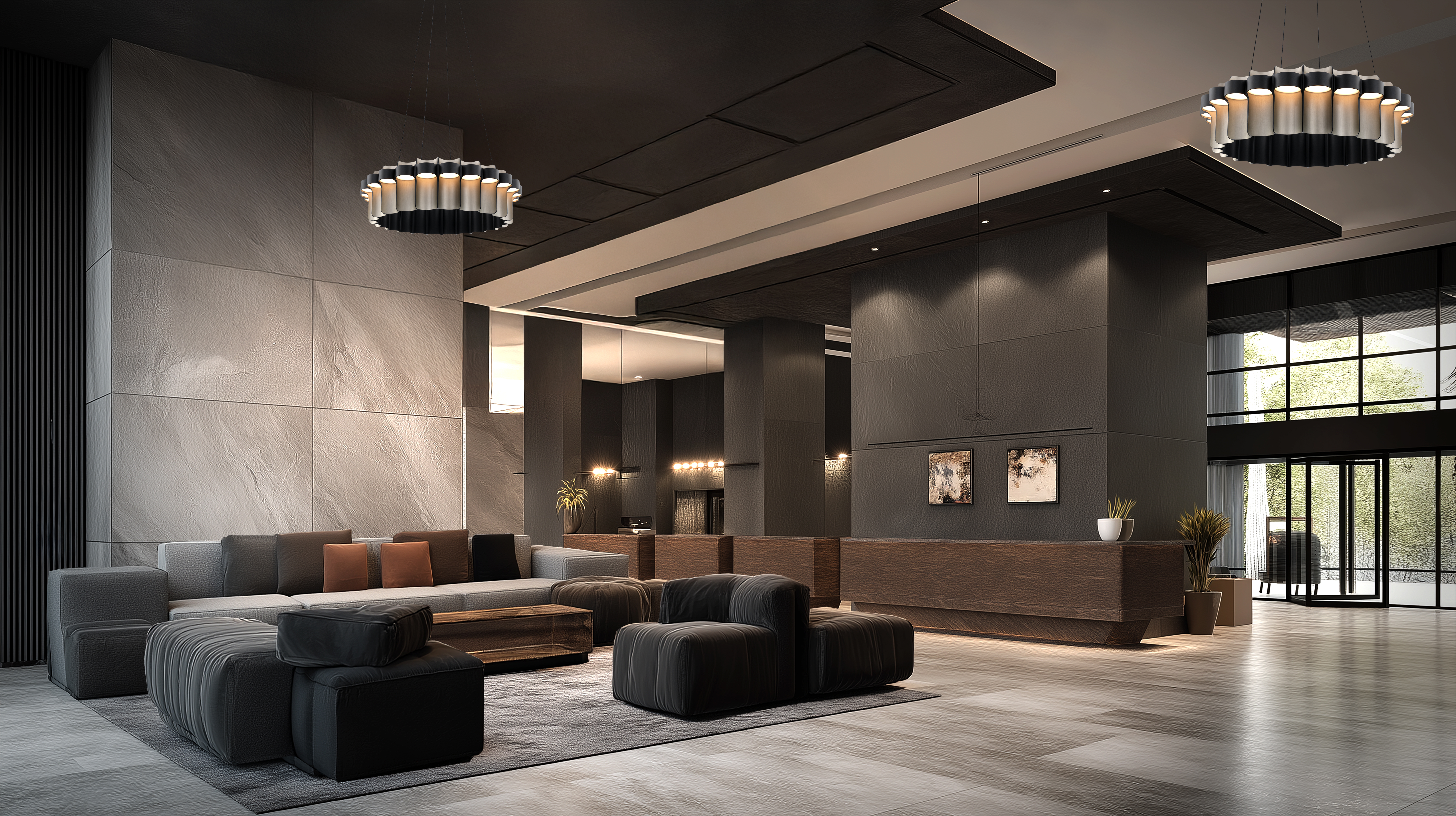 Gatlin Pendant combines bold architectural design with integrated up/down lighting and selectable color temperatures, creating layered illumination and a striking focal point for modern spaces.
