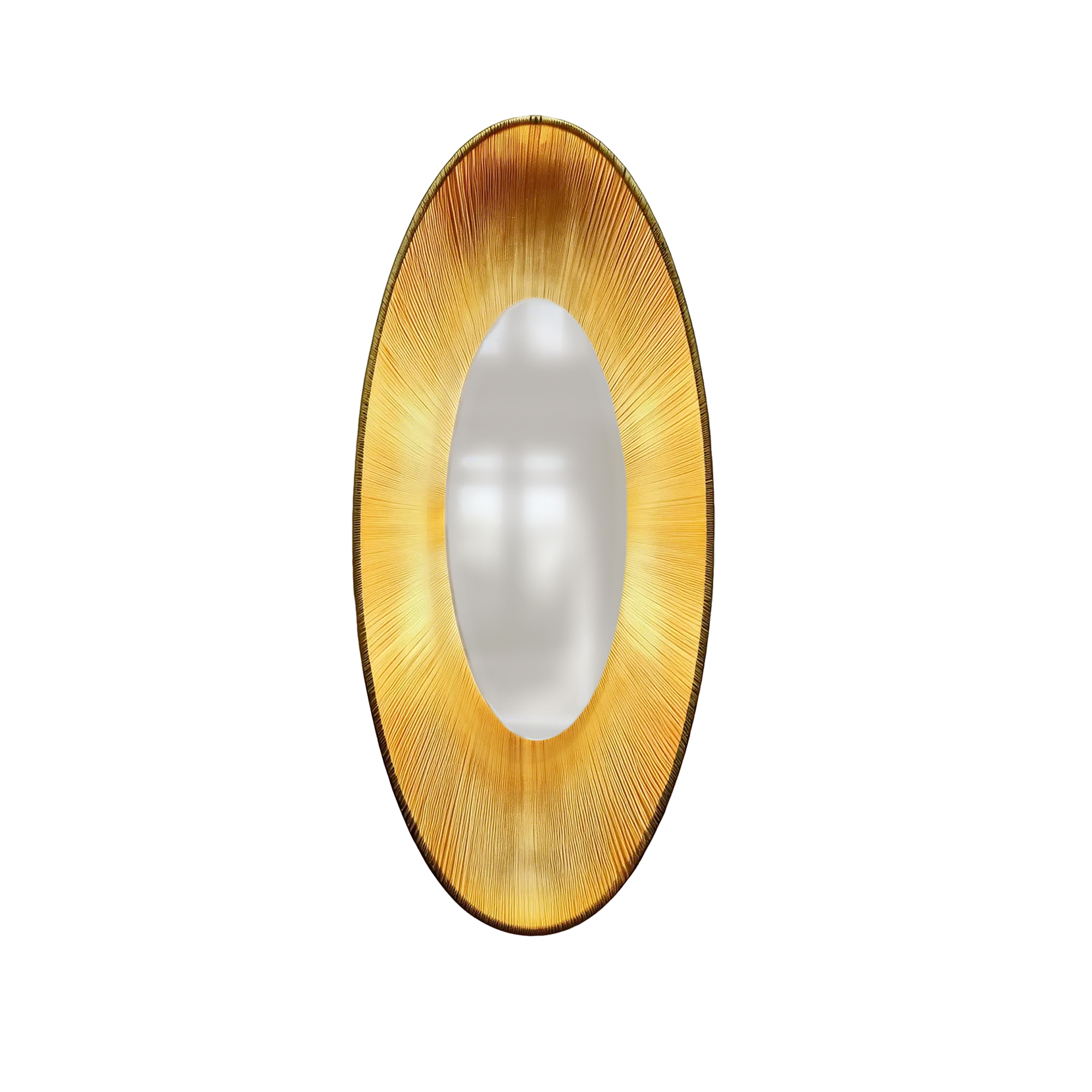 The Oval Wall Sconce features sculpted fiberglass with a hatched linear pattern and a polished stainless steel center medallion. A uniquely sophisticated dimmable design that elevates any environment.