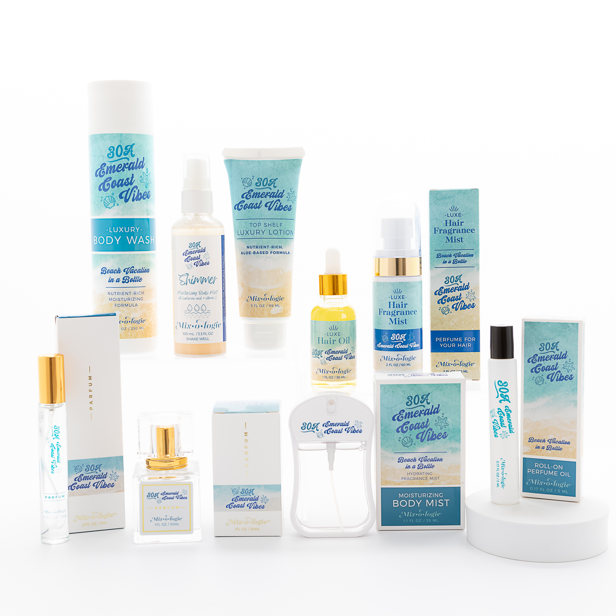 a collection of fragrance and personal care products for the beach lifestyle