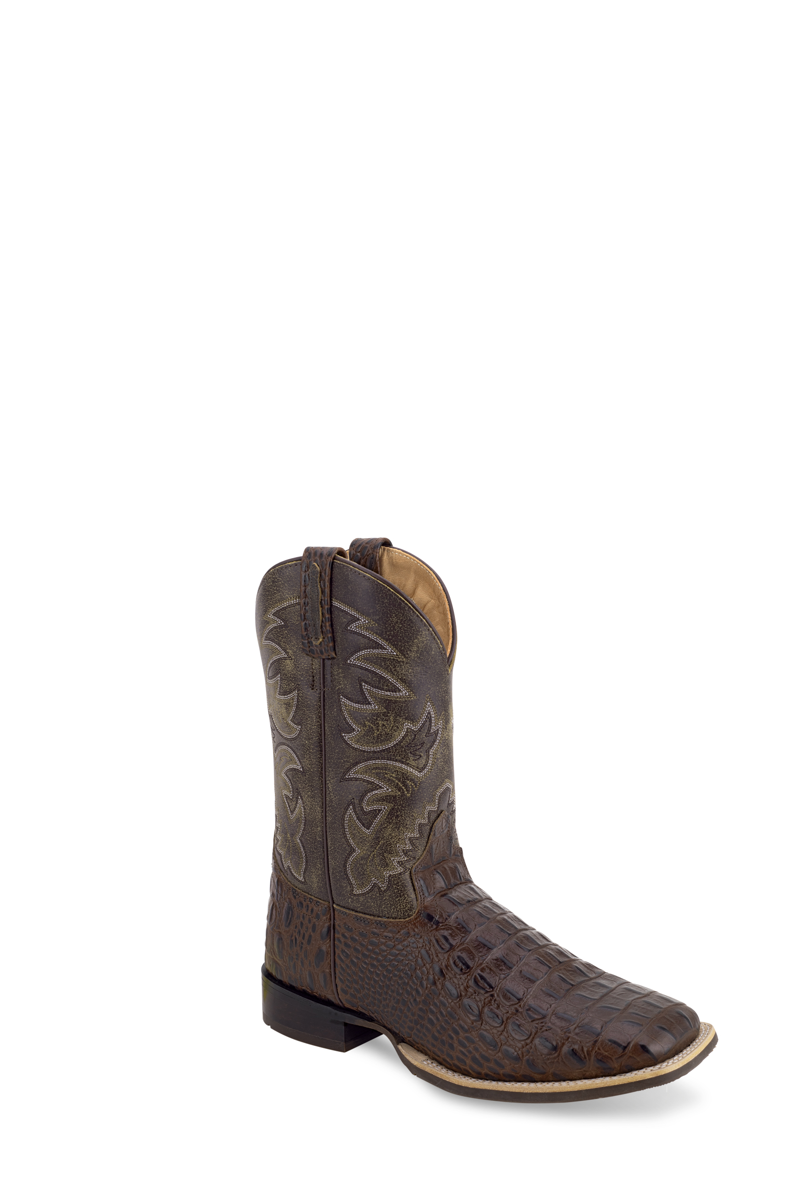 All over leather foot & 9" shaft, manmade lined, 6 – row fancy stitch, cushion leather insole, broad square toe and rubber outsole.