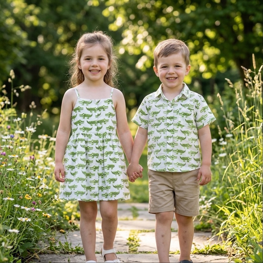 Hand block-printed sibling-matching crocodile shirt and girls’ dress, crafted in soft cotton. A playful, timeless set perfect for everyday wear, special occasions and gifting.