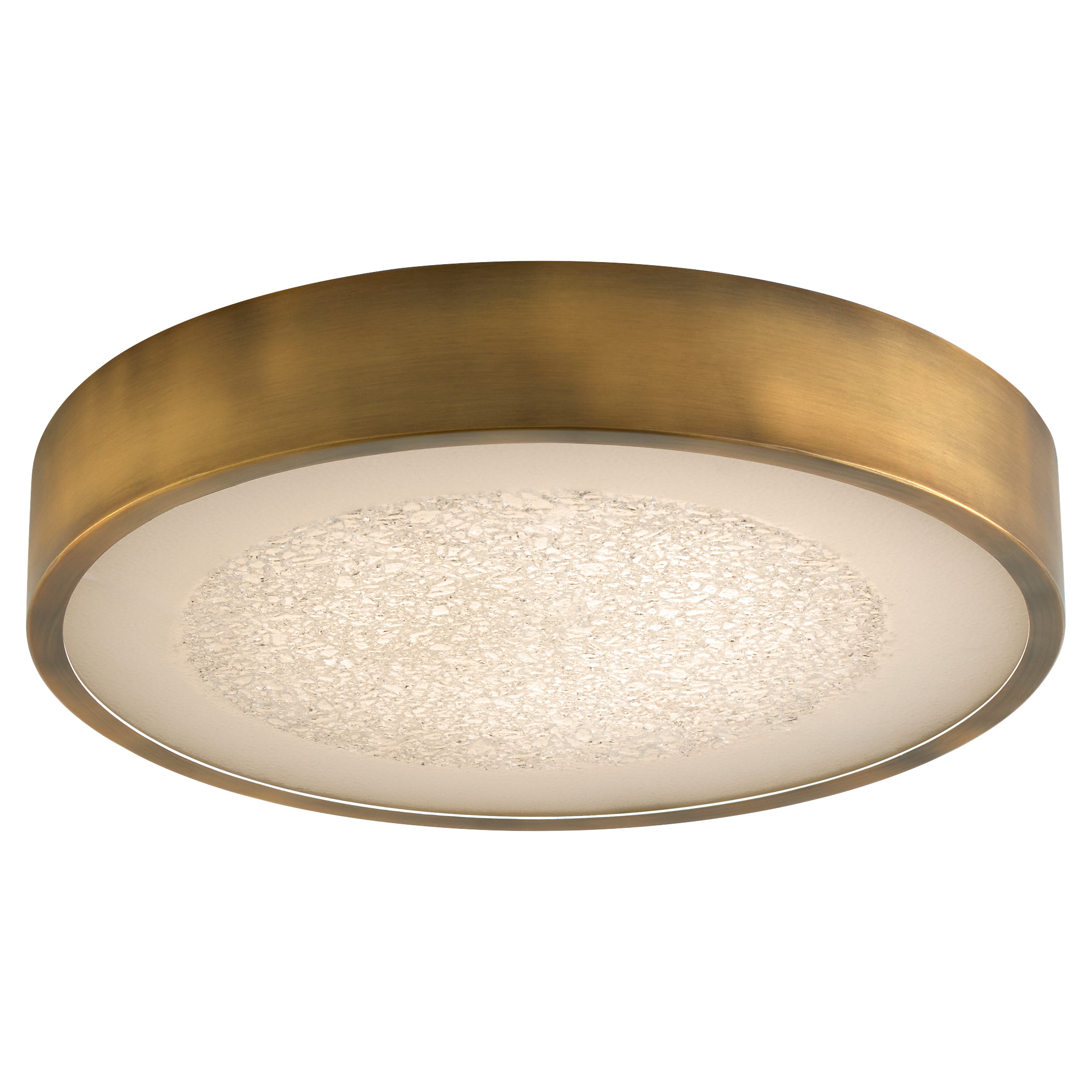 Floe combines 5CCT LED technology with a pebbled glass lens for beautifully diffused light. Its brushed brass frame and low-profile design add modern elegance.
