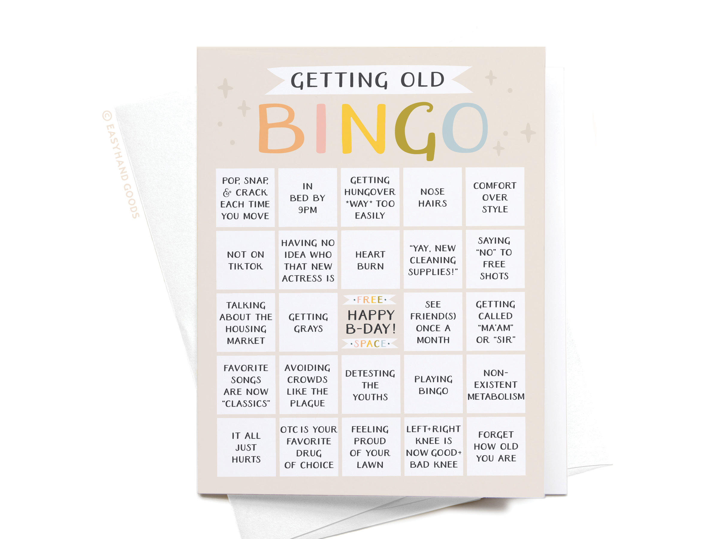 Greeting card design of a "Getting Old" bingo card with funny quirks in each square.