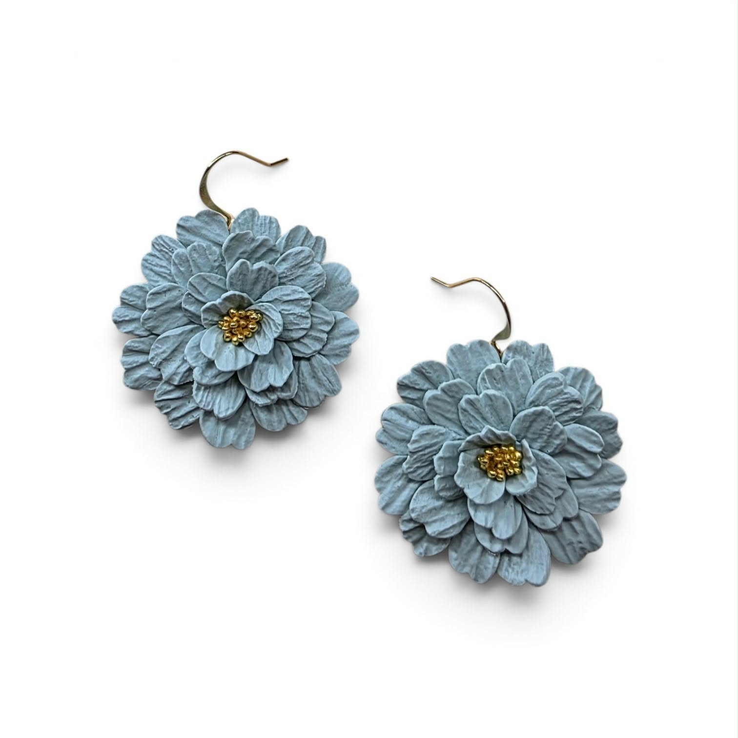 Handcrafted polymer clay floral earrings featuring lush, dimensional blooms in moody black, earthy terracotta, and soft blue. Lightweight statement earrings with a bold botanical feel.